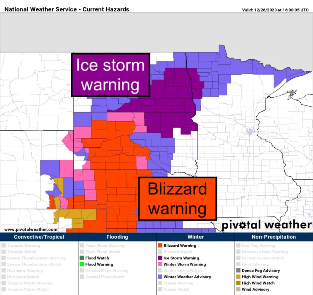 A look at weather alerts as of midday Tuesday. (Pivotal Weather)